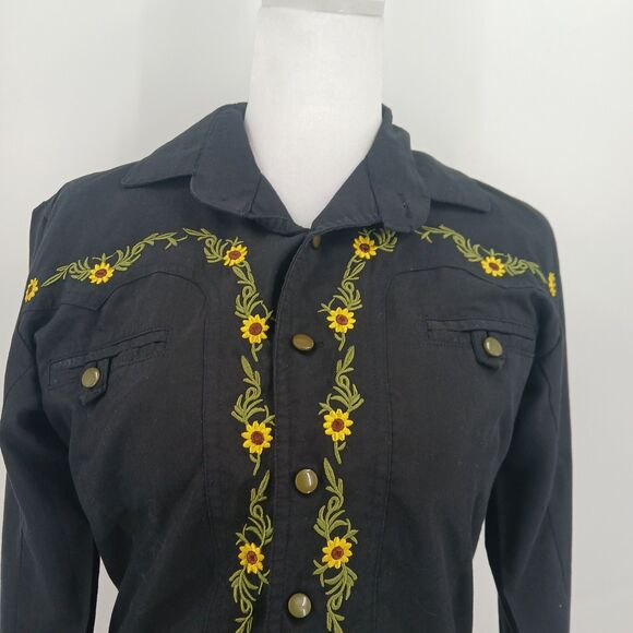 vintage Womens black button front flower embroidered westernwear top size M - Picture 5 of 8